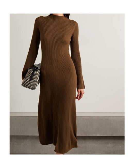 LeKasha Brown Logan Ribbed Organic Cashmere Midi Dress