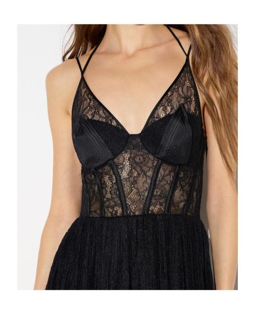 Elisabetta Franchi Black Lace-Panelled Pleated Midi Dress