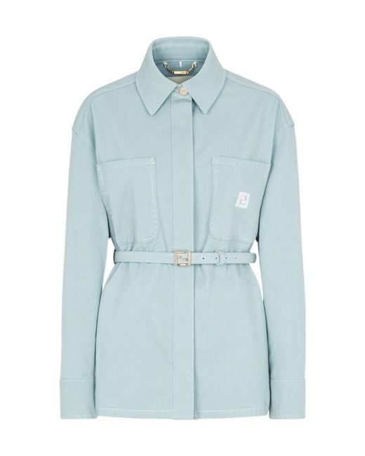 Fendi Blue Belted Collared Jacket