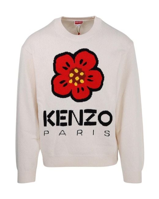 KENZO White Logo Intarsia Crewneck Jumper for men