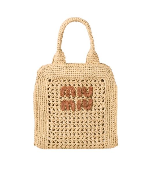 Miu Miu Natural Raffia-Effect Crochet Fabric Tote Bag