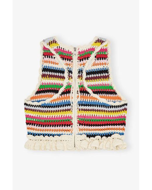 Ganni Red Multicolour Crochet Frill Top