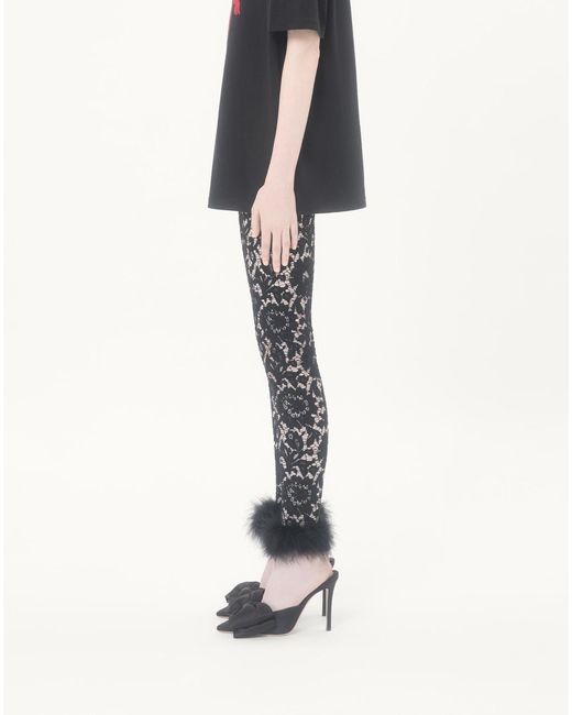 Valentino Black Lace Leggings With Feathers