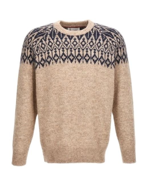 Brunello Cucinelli White Patterned Knitted Crewneck Jumper for men