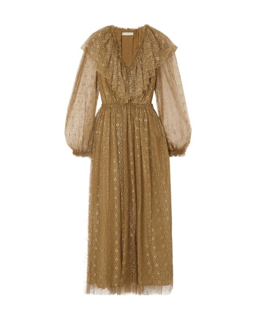 Ulla Johnson Natural Helena Ruffled Metallic Lace Midi Dress