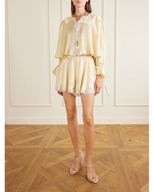 Chloé White Gathered Lace-Trimmed Silk-Satin Blouse