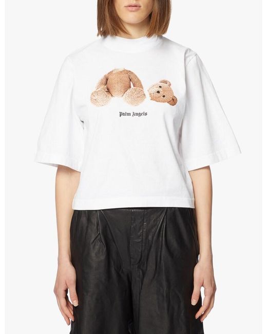 Palm Angels White Bear Print Cropped T-Shirt