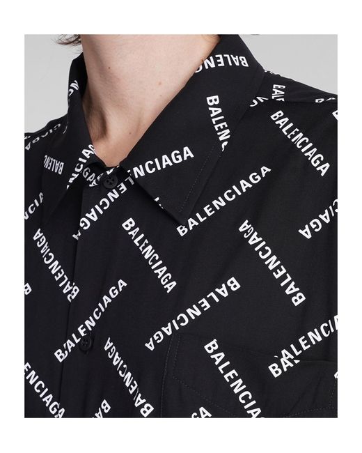 Balenciaga Black All-Over Logo Collared Long-Sleeve Shirt