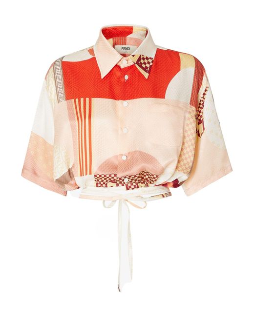 Fendi Pink Patchwork Printed Tied Waist Cropped Shirt
