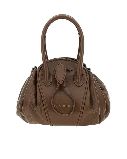Marni Brown Logo Stamped Tulipea Small Handbag