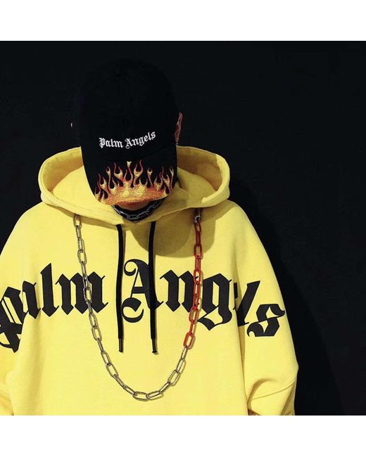 Palm Angels Yellow Logo Printed Hooded Sweater for men