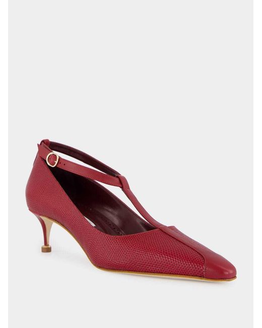 Manolo Blahnik Red Rosellon T-Strap Leather Kitten Pumps