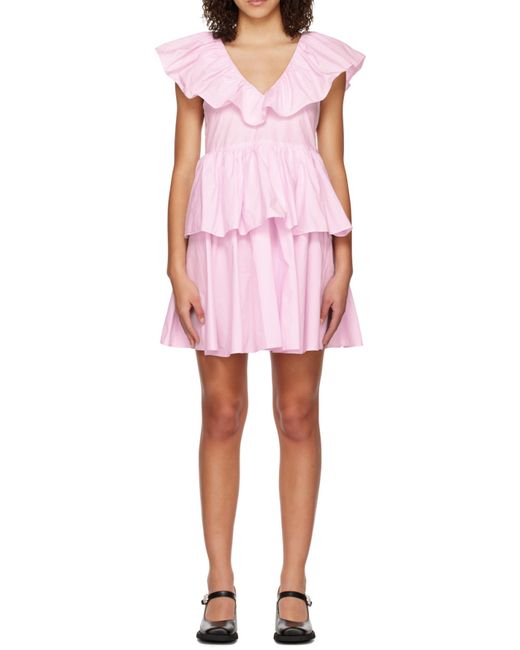 Ganni Pink A V-Collar Dress With Lotus Leaf Edge