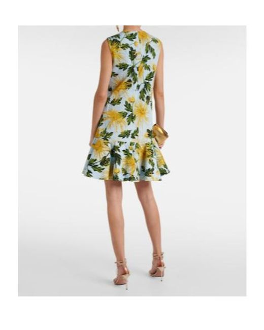 Oscar de la Renta Green Chrysanthemum Pattern Dress
