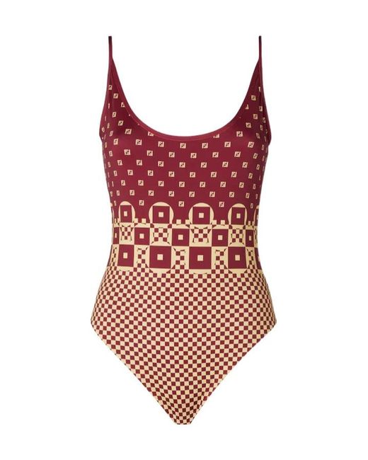 Fendi Red Micro Patchwork Print Lycra One Piece Swimsuit