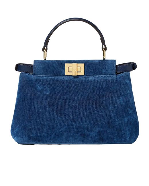 Fendi Blue Mini Peekaboo Floral-Embroidered Denim Tote Bag