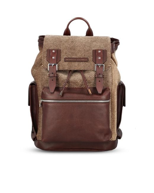 Brunello Cucinelli Brown Burnished Calfskin And Chevron-Effect Techno Fabric City Backpack for men