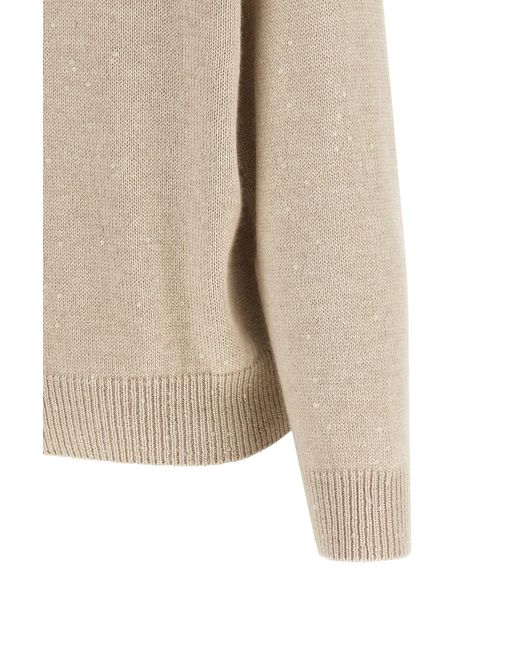 Brunello Cucinelli Natural Sequin-Appliqué V-Neck Sweater