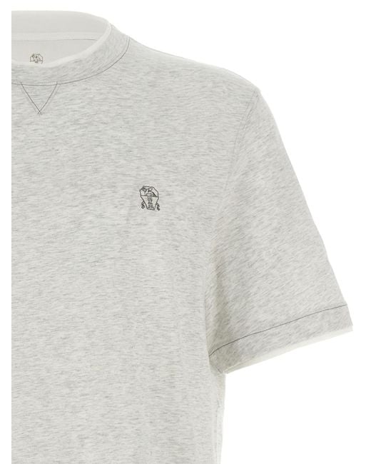 Brunello Cucinelli White Logo Embroidered Layered T-Shirt for men
