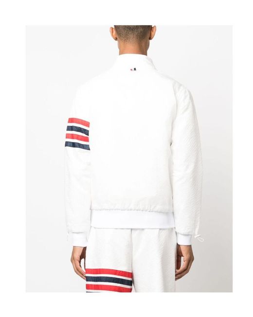 Thom Browne White Bar Striped Zipped Ripstop Jacket for men