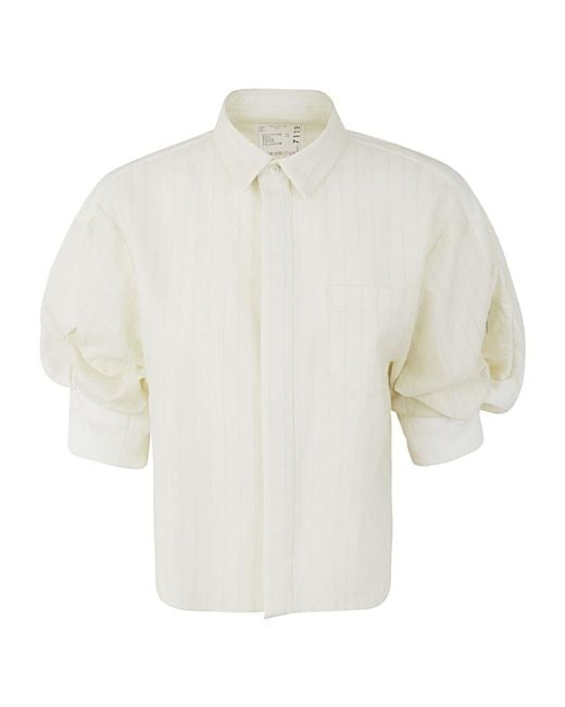Sacai White Puff-Sleeved Striped Shirt