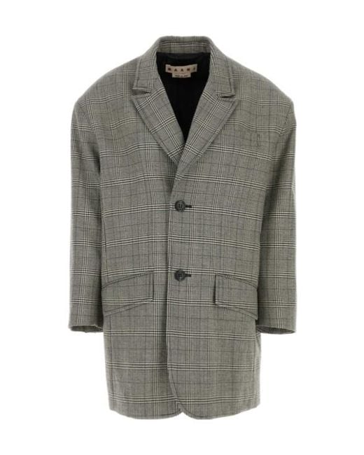 Marni Gray Long-Sleeved Plaid Coat