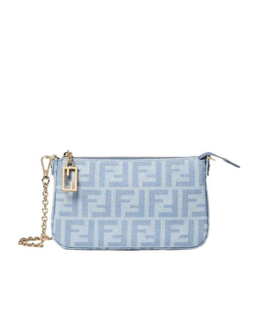 Fendi Blue Baguette Zipped Denim Pouch