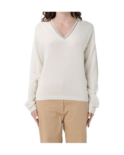 Fabiana Filippi Natural Bead-Embellished V-Neck Sweater
