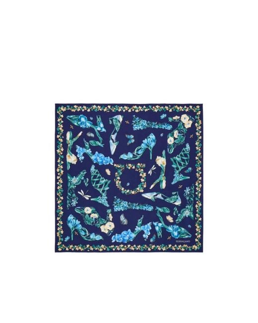 Ferragamo Blue Eden Shoes Print Silk Scarf