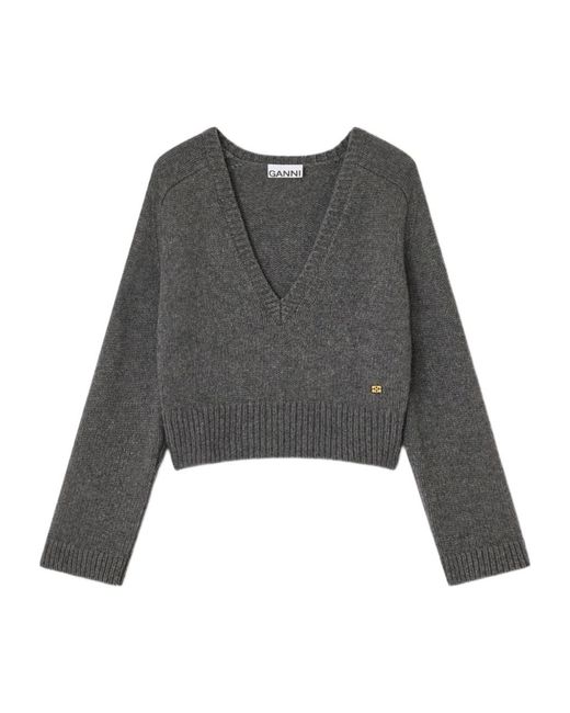 Ganni Gray V-Neck Jumper