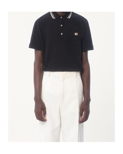 Valentino Black Logo Embroidered Straight Hem Polo Shirt for men