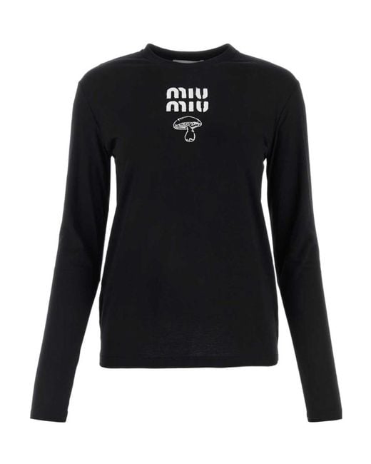 Miu Miu Black Embroidered Cotton T-Shirt