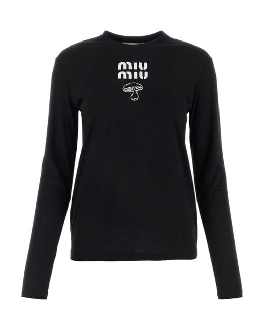 Miu Miu Black Embroidered Cotton T-Shirt