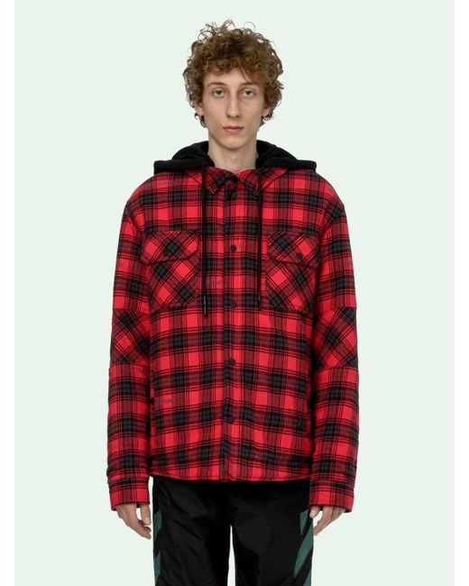 Off-White c/o Virgil Abloh Red Hooded Checked Shirt Jacket for men