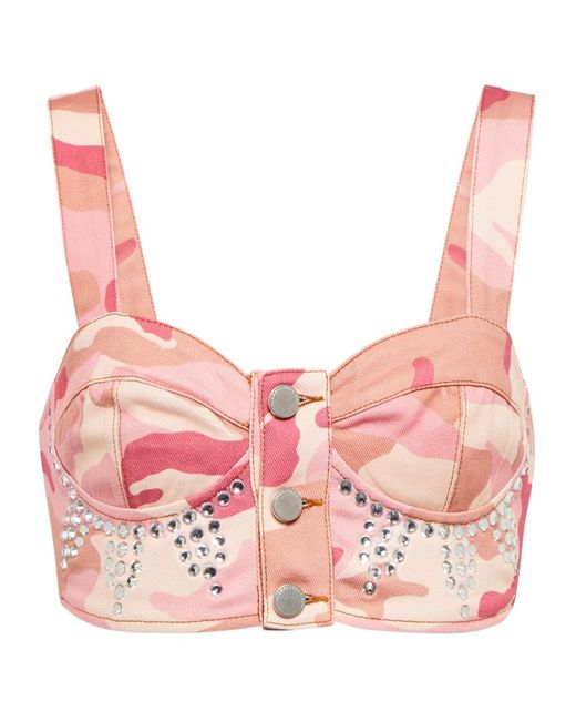 Alessandra Rich Pink Camouflage-Patterned Cotton Bra Top