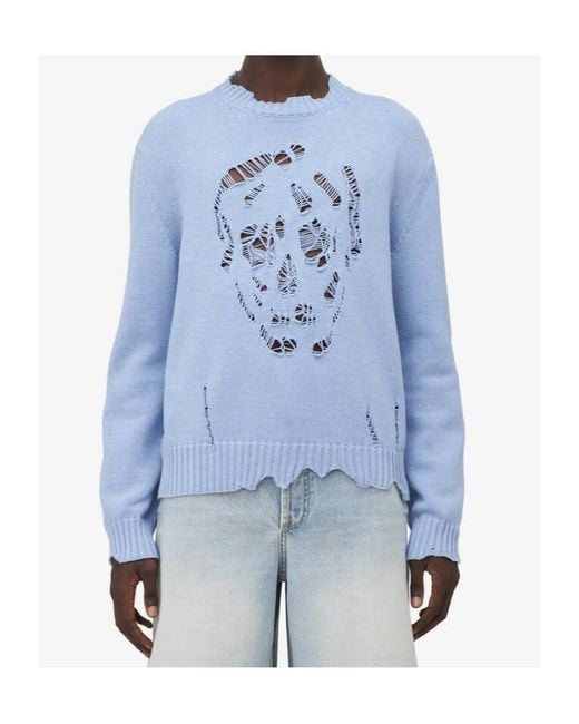 McQueen Blue Skull Distressed Knitted Jumper for men