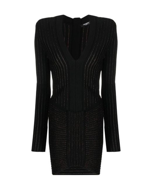 Balmain Black V-Neck Ribbed Knit Mini Dress