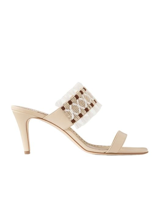 Manolo Blahnik White Fringed Raffia And Leather Sandals