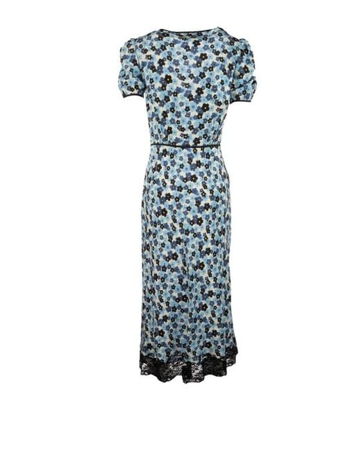 Miu Miu Blue Floral-Print Lace-Trim Midi Dress