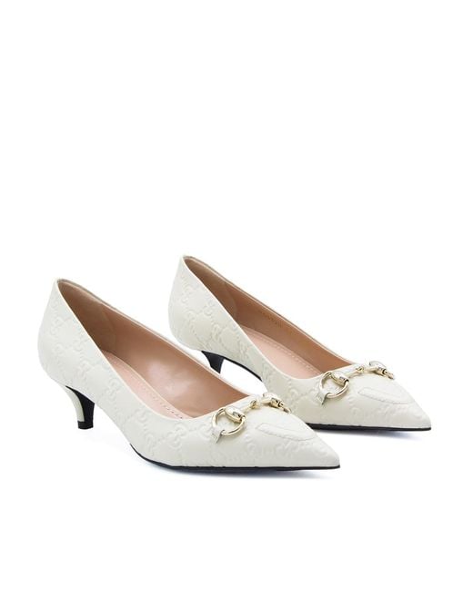Gucci White Horsebit Detailed Pointed-Toe Pumps