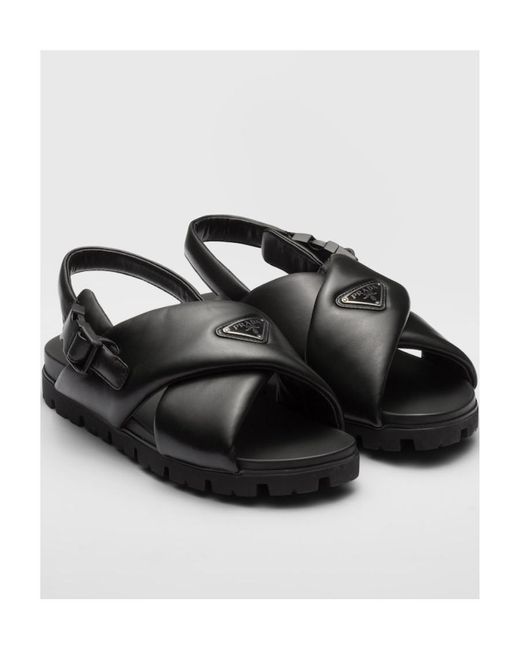 Prada Black Padded Nappa Leather Crisscross Sandals for men