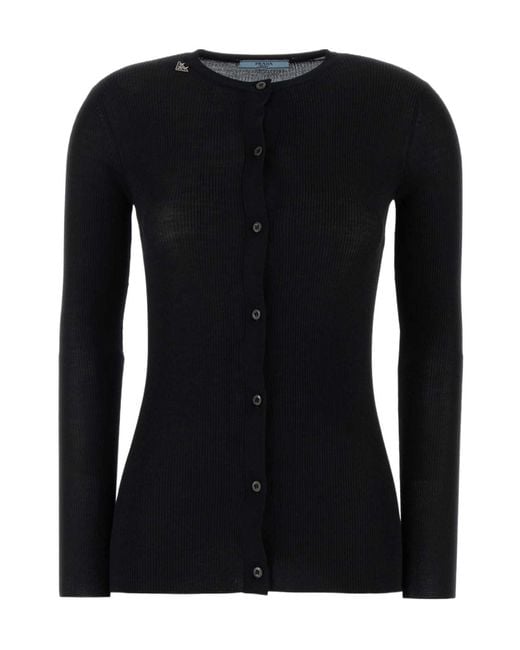 Prada Black Crewneck Button-Up Cardigan