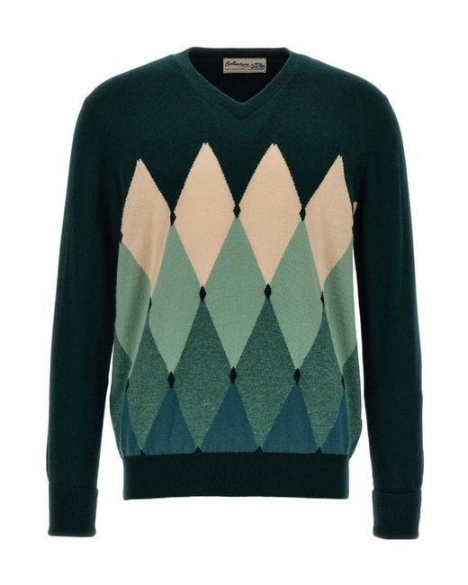 Ballantyne Green Diamond Pattern V-Neck Jumper for men