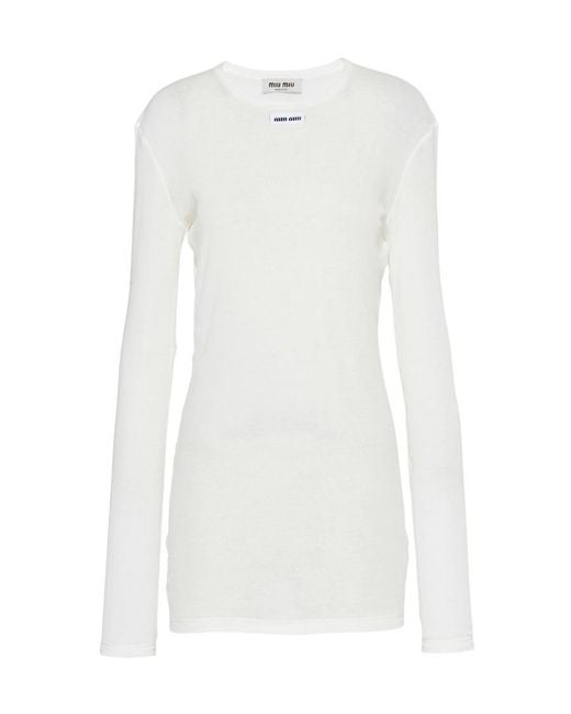Miu Miu White Logo Patch Long Sleeved Top