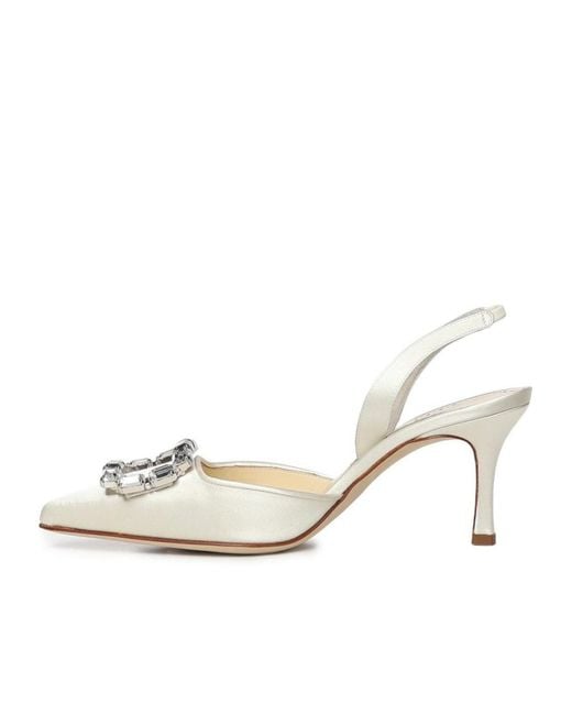 Manolo Blahnik White Buckle-Embbellished Slingback Heeled Pumps