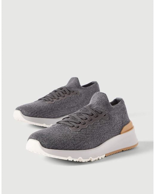 Brunello Cucinelli Blue Cotton Knit And Semi-Polished Calfskin Runners for men