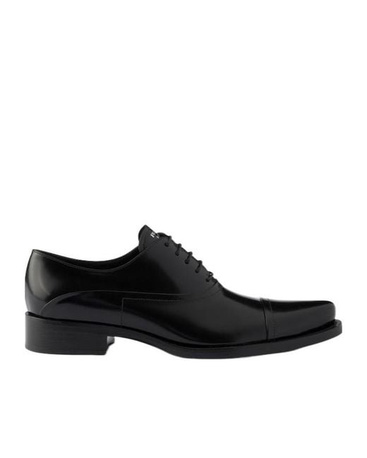 Prada Black Brushed Leather Lace-Up Shoes for men