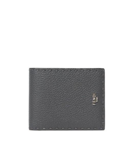 Fendi Gray Selleria Wallet Asphalt And Selleria Bi-Fold Wallet With 132 Hand-Sewn Stitches for men