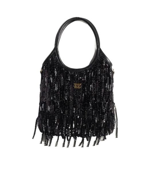 Miu Miu Black Ivy Satin Handbag With Crystal And Sequin Fringe