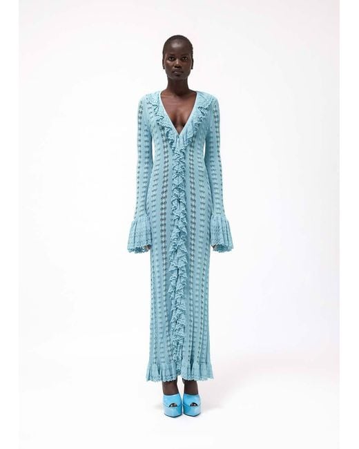 Blumarine Blue Ruffled Knitted Buttoned Maxi Dress